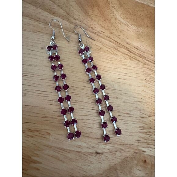 Earrings, Dangle Red Rhinestone Earrings, NEW, Handmade, 3” - Picture 1 of 4